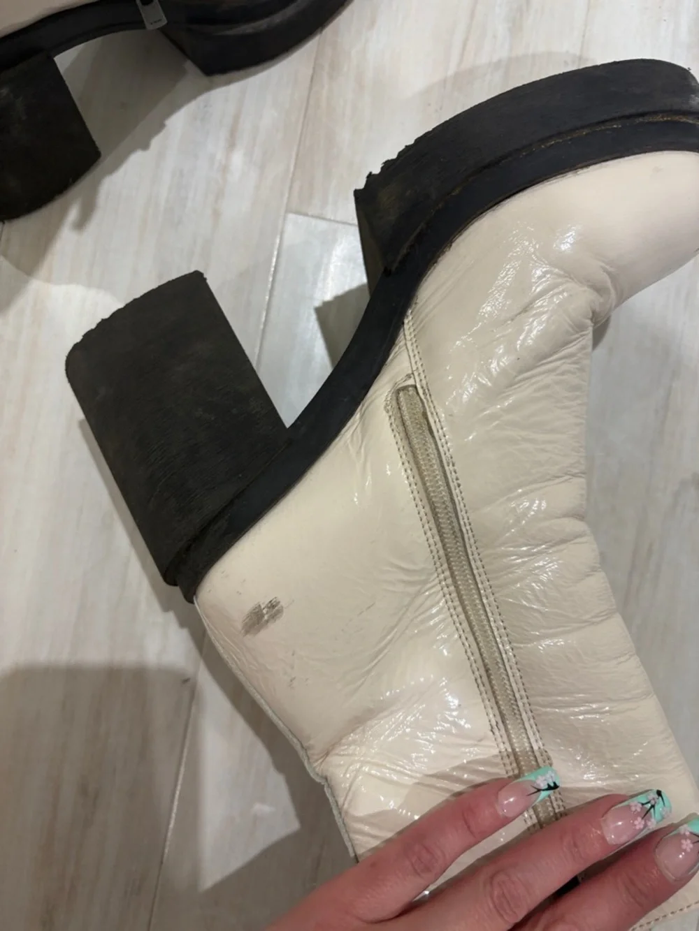 Steve Madden Cream Patent Platform Ankle Boots with Black Soles